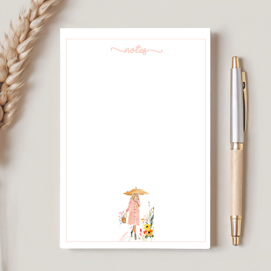 Watercolor Girl in Rain Notepad, Cute Memo Pad 5"x7"