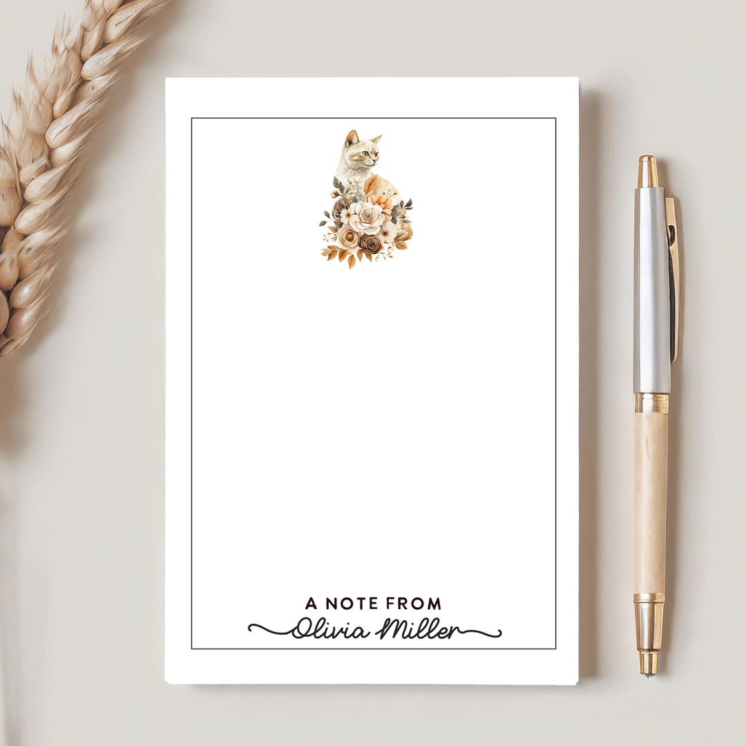 Personalized Notepad, Floral Cat Stationery