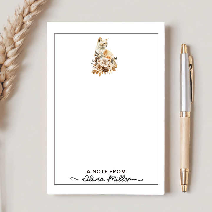Personalized Notepad, Floral Cat Stationery