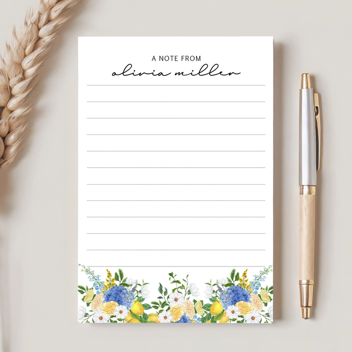 Personalized Notepad Lemon Flowers, Custom Stationery