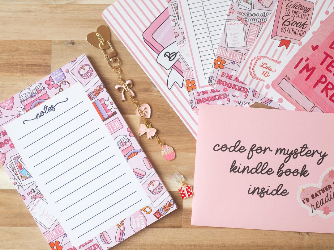 Pink Blind Date with A Kindle Box, Kindle Accessory Box, E-reader Charms Stickers Inserts Cases Dust Plug and Notepad