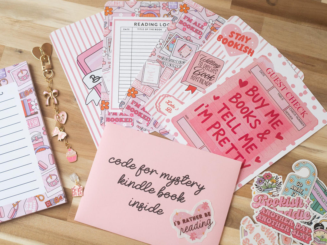 Pink Blind Date with A Kindle Box, Kindle Accessory Box, E-reader Charms Stickers Inserts Cases Dust Plug and Notepad