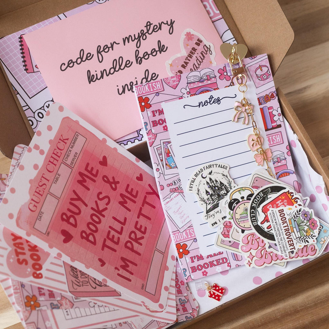 Pink Blind Date with A Kindle Box, Kindle Accessory Box, E-reader Charms Stickers Inserts Cases Dust Plug and Notepad