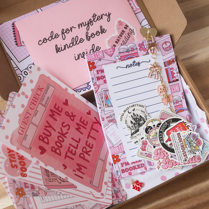 Pink Blind Date with A Kindle Box, Kindle Accessory Box, E-reader Charms Stickers Inserts Cases Dust Plug and Notepad