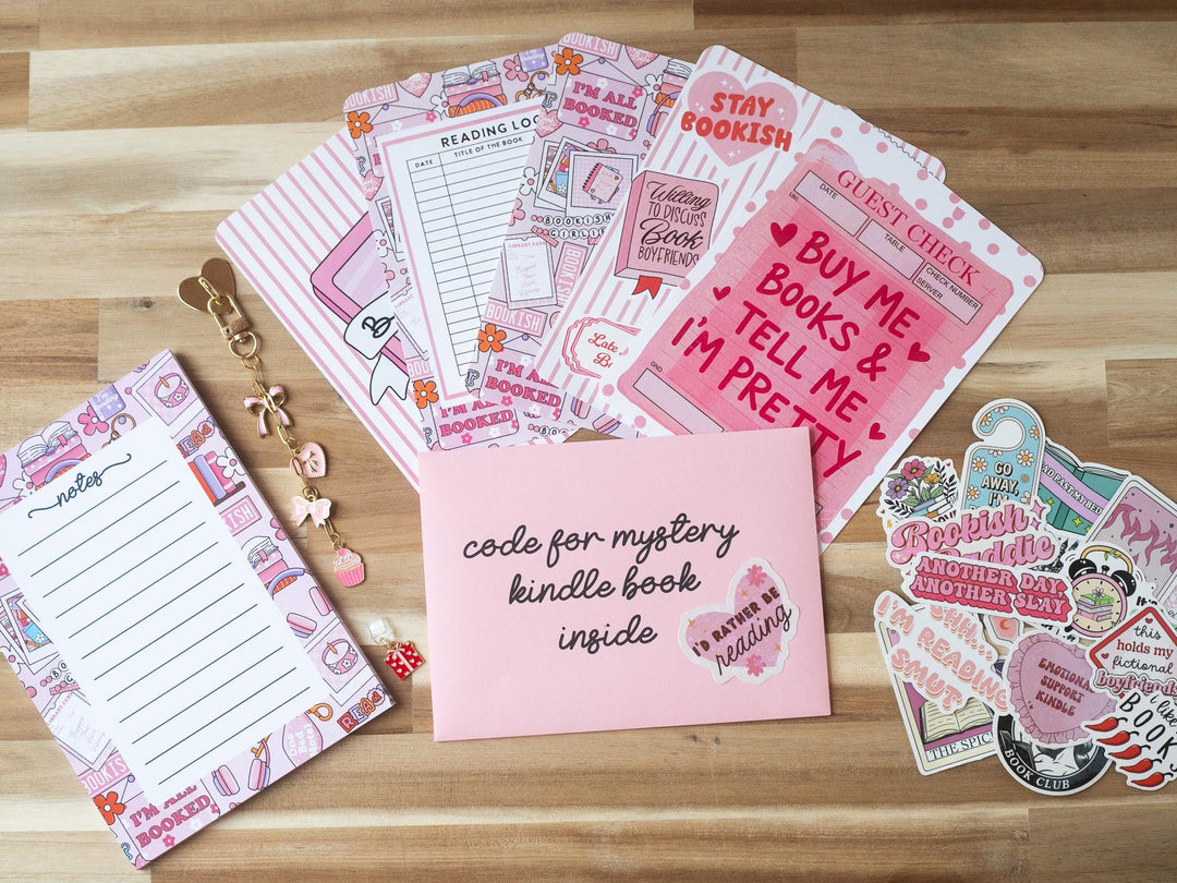 Pink Blind Date with A Kindle Box, Kindle Accessory Box, E-reader Charms Stickers Inserts Cases Dust Plug and Notepad