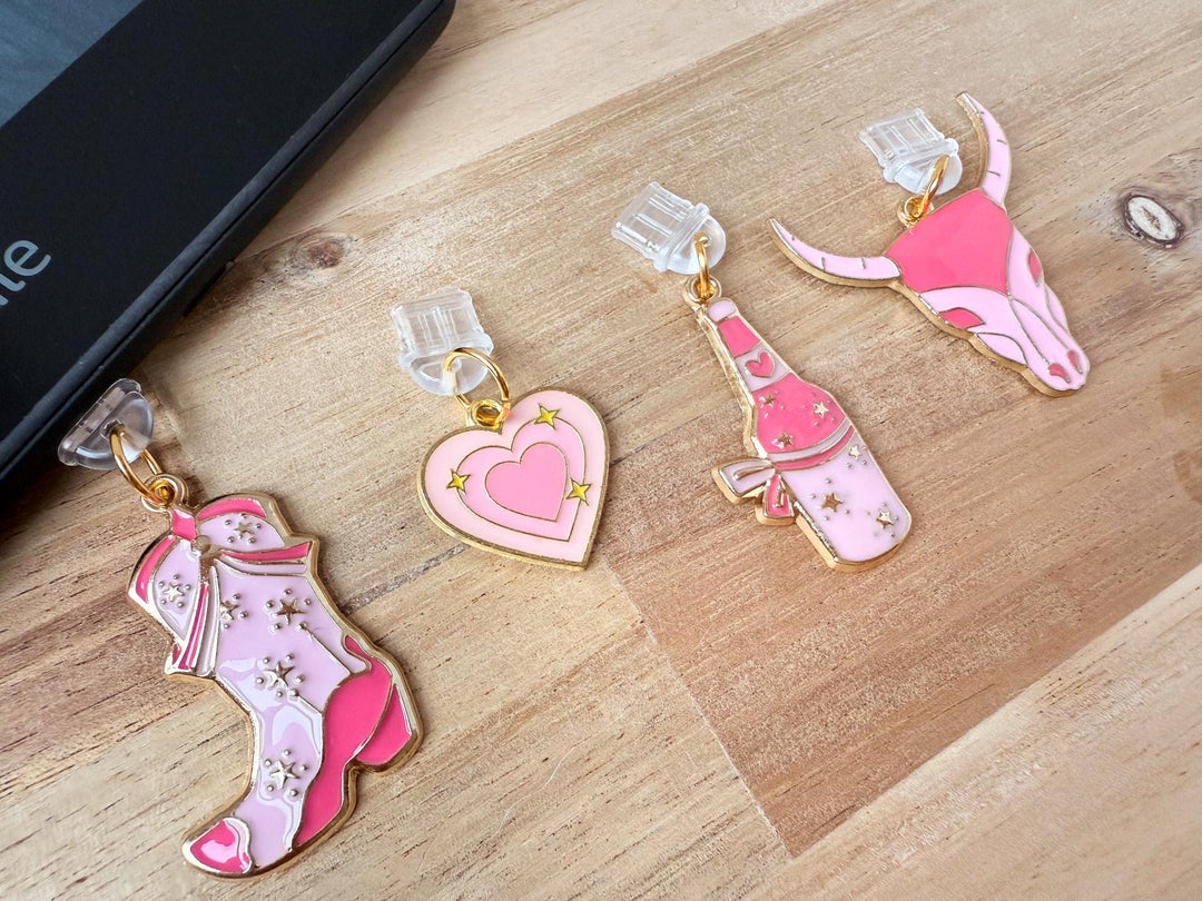 4 Piece Pink Cowgirl Kindle Charm Bundle, Dust Plug Charm for Kindle E-reader iPhone iPad, Book Lover Gift, Kindle Accessories USB C Port