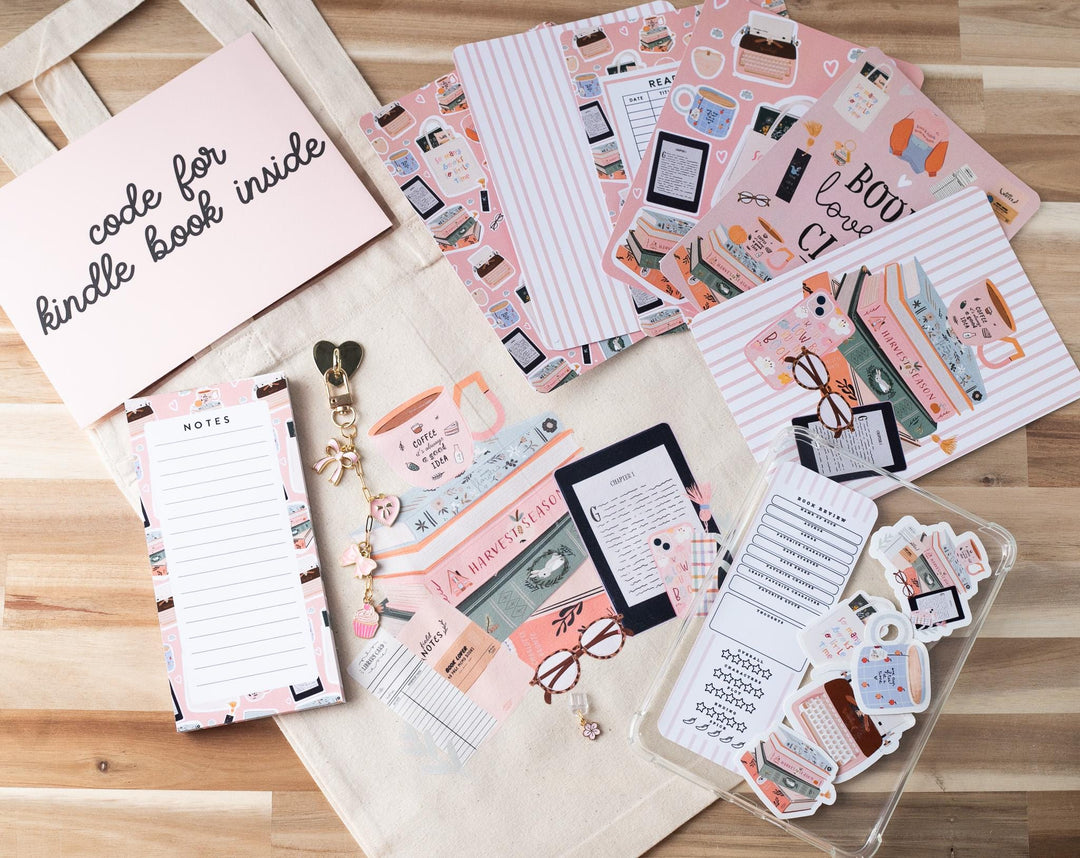 Pink Blind Date with A Kindle Box, E-reader Charms Stickers Inserts Cases Dust Plug and Notepad