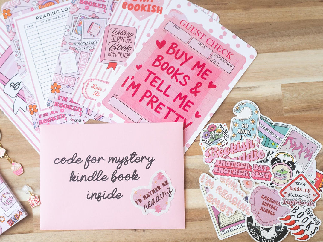 Pink Blind Date with A Kindle Box, Kindle Accessory Box, E-reader Charms Stickers Inserts Cases Dust Plug and Notepad