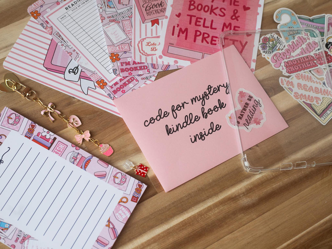 Pink Blind Date with A Kindle Box, Kindle Accessory Box, E-reader Charms Stickers Inserts Cases Dust Plug and Notepad