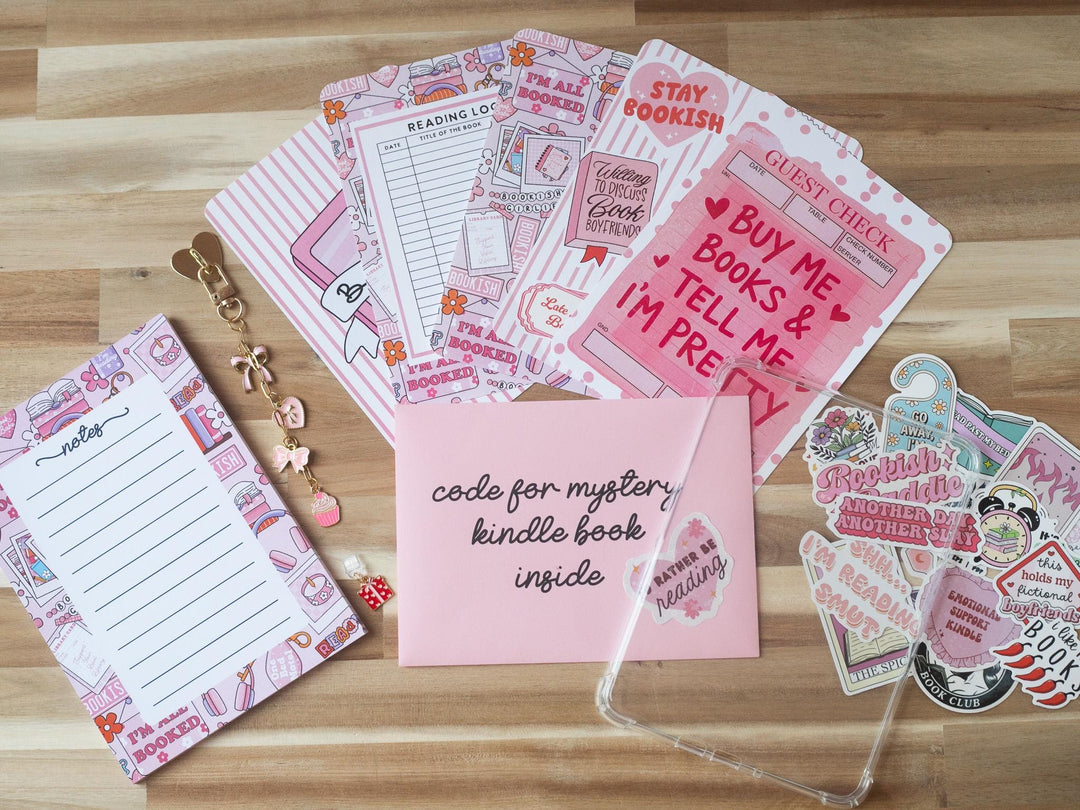 Pink Blind Date with A Kindle Box, Kindle Accessory Box, E-reader Charms Stickers Inserts Cases Dust Plug and Notepad