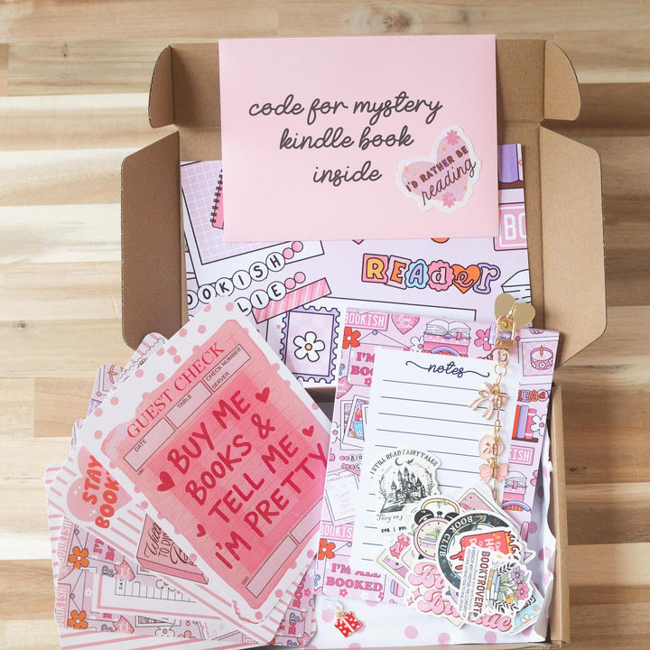 Pink Blind Date with A Kindle Box, Kindle Accessory Box, E-reader Charms Stickers Inserts Cases Dust Plug and Notepad