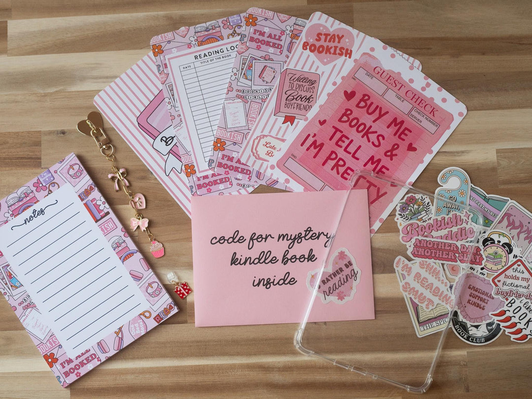 Pink Blind Date with A Kindle Box, Kindle Accessory Box, E-reader Charms Stickers Inserts Cases Dust Plug and Notepad