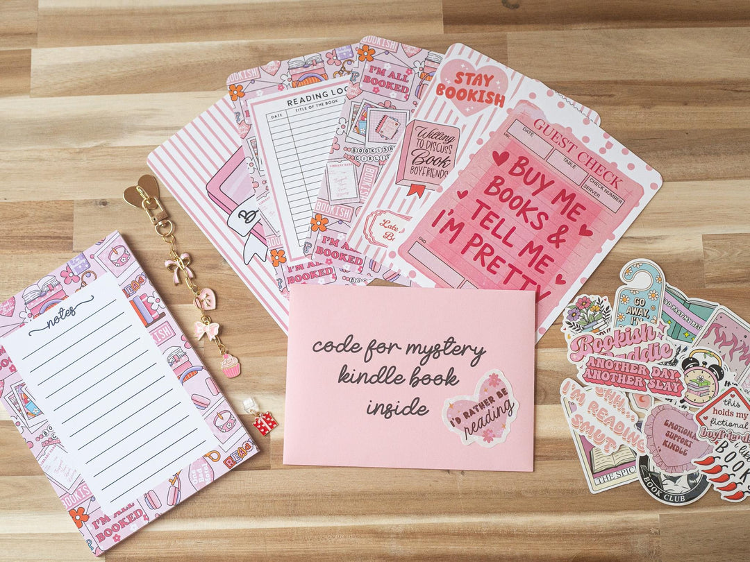 Pink Blind Date with A Kindle Box, Kindle Accessory Box, E-reader Charms Stickers Inserts Cases Dust Plug and Notepad