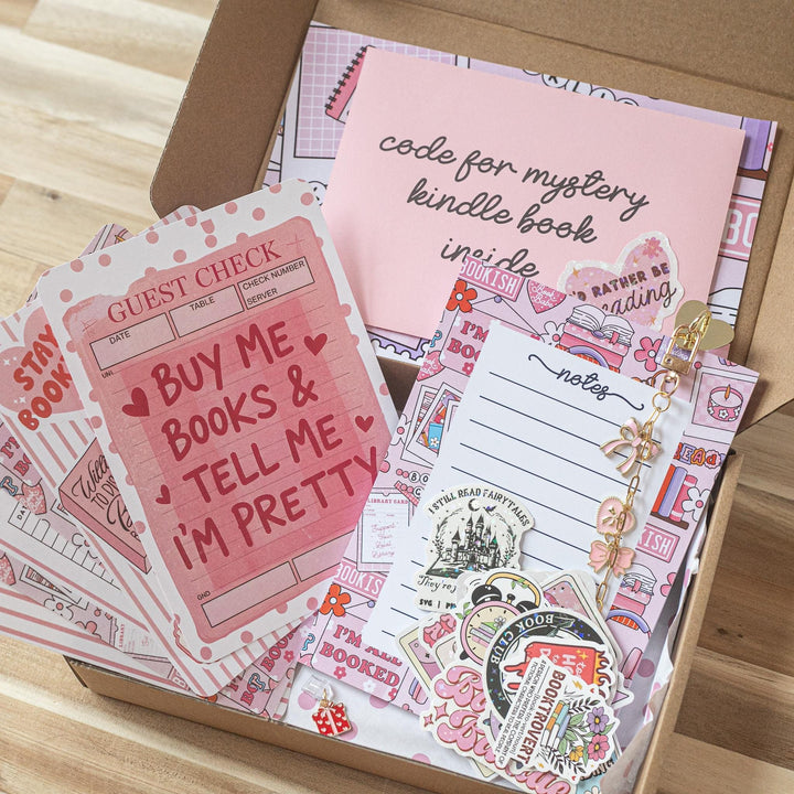 Pink Blind Date with A Kindle Box, Kindle Accessory Box, E-reader Charms Stickers Inserts Cases Dust Plug and Notepad