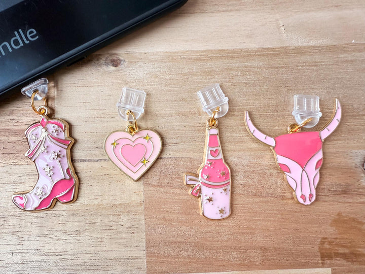 4 Piece Pink Cowgirl Kindle Charm Bundle, Dust Plug Charm for Kindle E-reader iPhone iPad, Book Lover Gift, Kindle Accessories USB C Port
