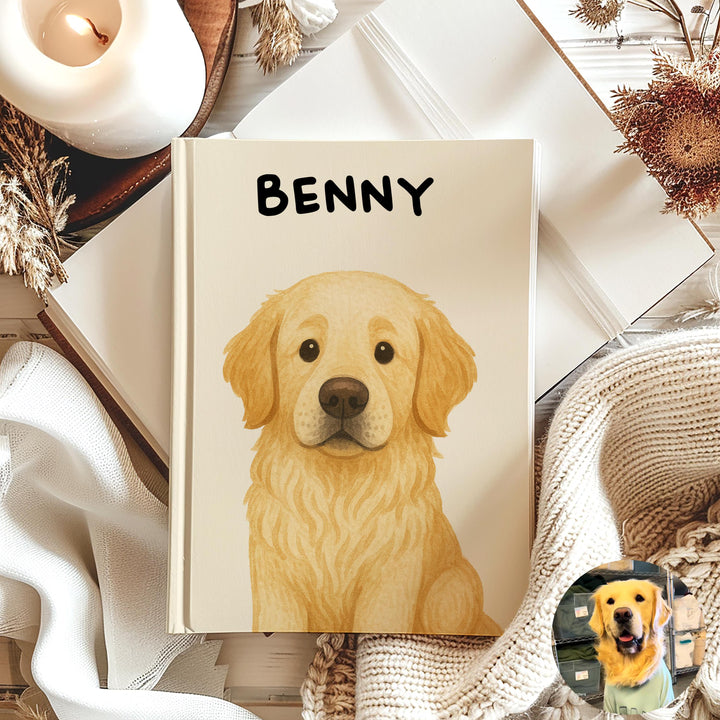 a notebook with a custom dog illustration on a boho table